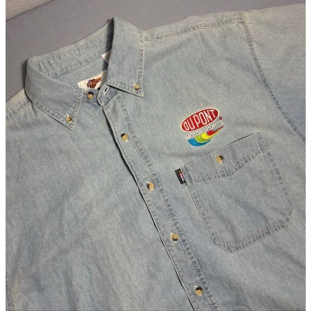 Chase Authentics Mens XL Button Down Denim Shirt Jeff Gordon Short Sleeve Blue
